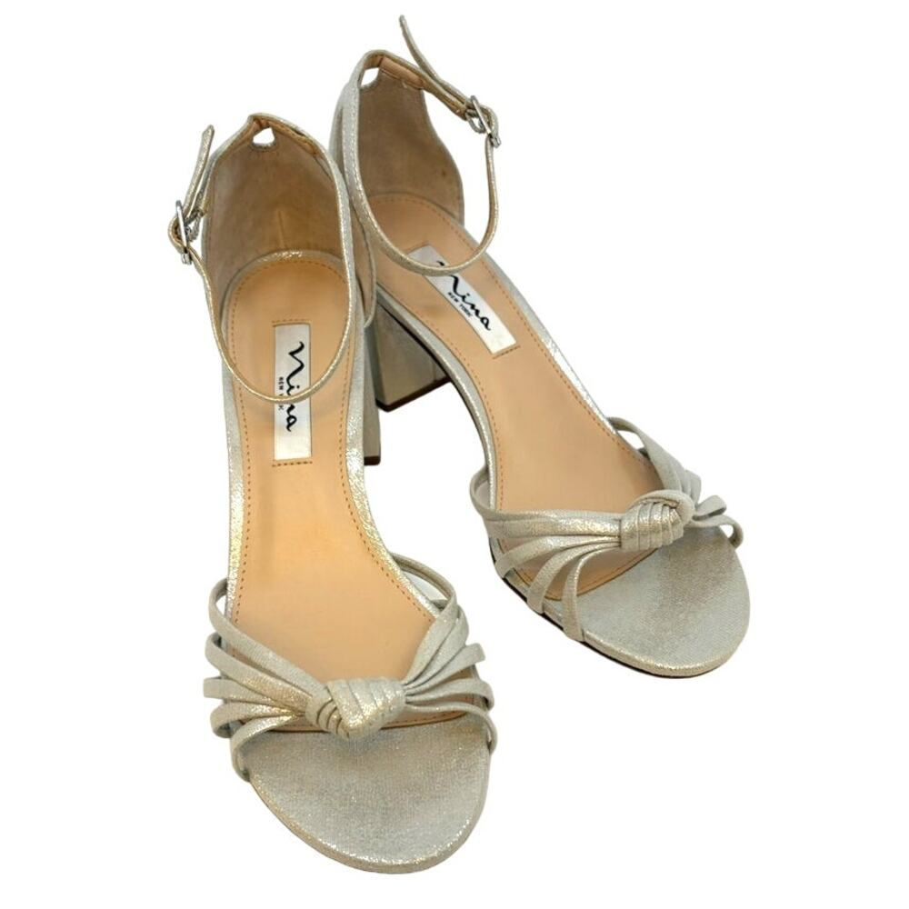 NINA Women's NEW Silver Fabric Block Heel Sandals Pumps | Size 8.5